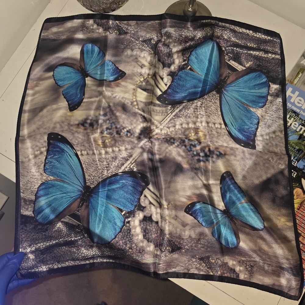 100% Silk Blue Butterfly Print Scarf